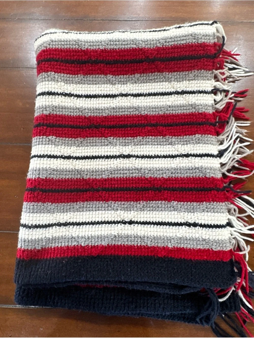 Handmade Crochet Afghan Throw 59x46 Red Gray Navy White Fringe Southwestern